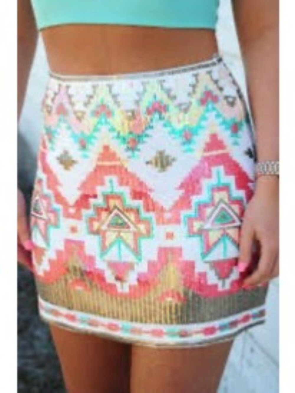 Miami Francescas Sequin Mini Skirt M| Indie Sleaze Bodycon Glam Boho Y2K10 Aztec - Picture 7 of 16